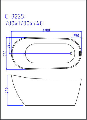 Technical drawing of bathtub C-3225 with dimensions: 780x1700x740mm.