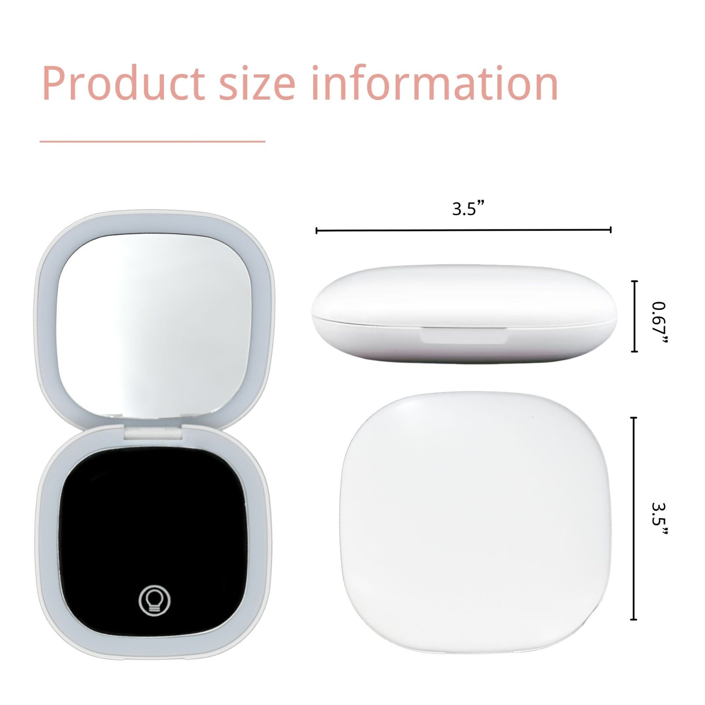 White compact mirror with dimensions: 3.5" x 3.5" x 0.67", featuring a sleek design for easy portability.