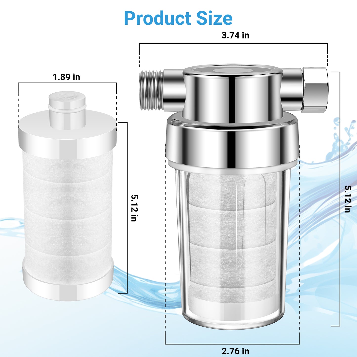 Water filter and cartridge dimensions detailed: 5.12 inches height and compact design for easy installation.