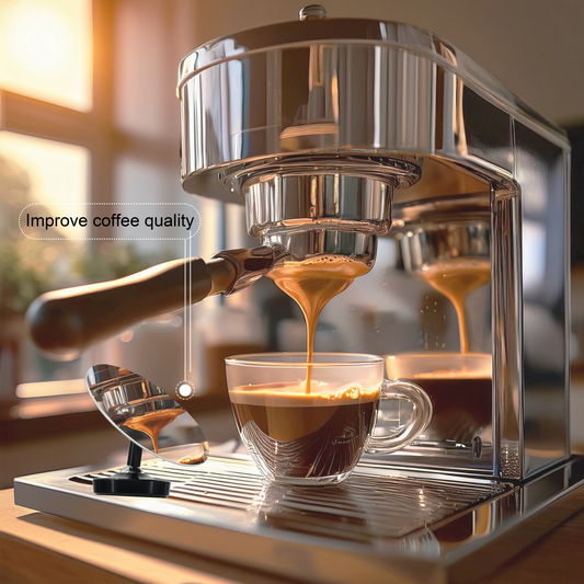 Close-up of an espresso machine pouring rich coffee into a clear glass cup with a mirror accessory enhancing the brewing process.