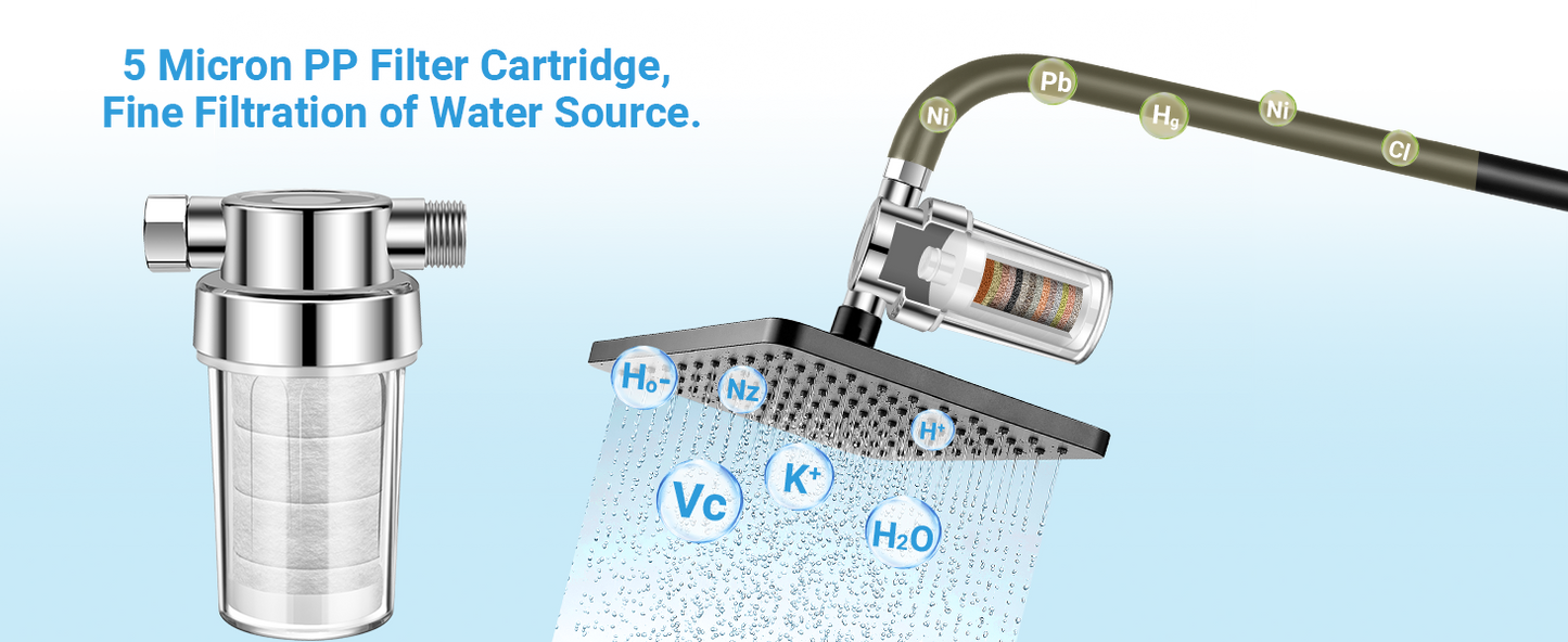 5-micron PP filter cartridge purifies water by removing heavy metals and chlorine, enhancing shower quality.