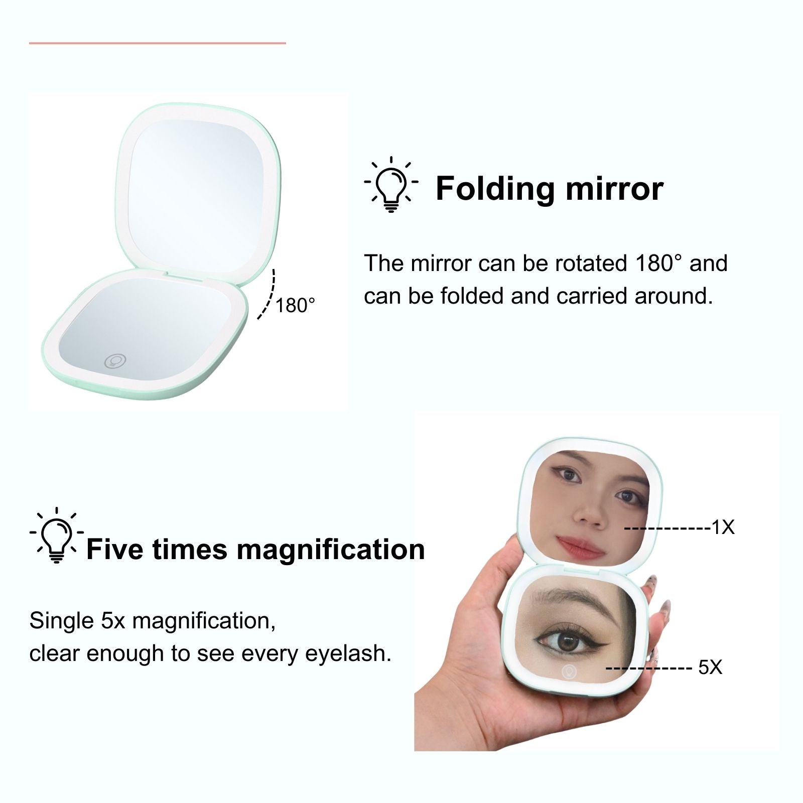 Mint green folding mirror with 180° rotation and 5x magnification, ideal for detailed makeup application. Shows both 1x and 5x magnification views.