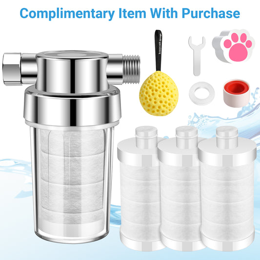 Water filter set with three replacement cartridges and complimentary accessories like sponge, wrench, and sealing tape.