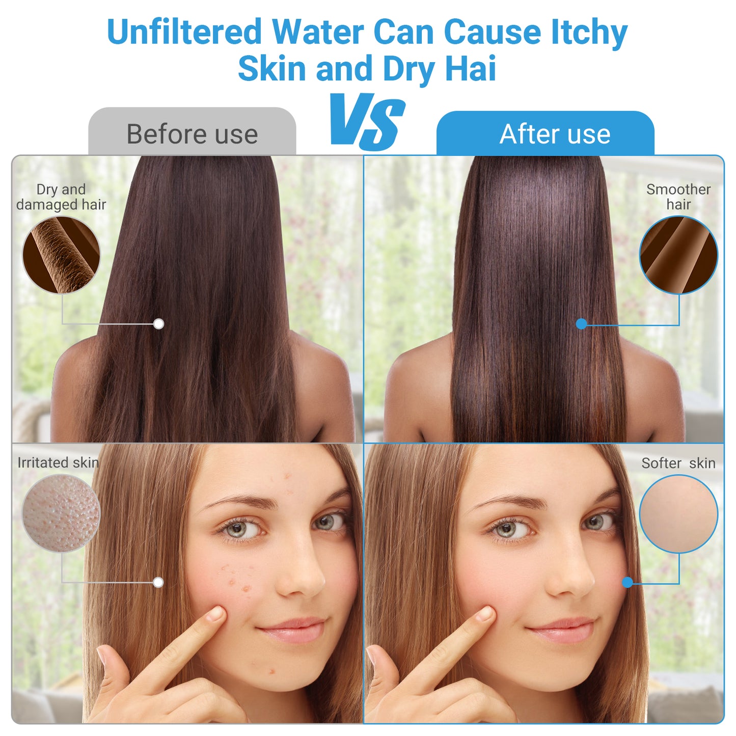 Comparison of hair and skin before and after using a water filter, showing smoother hair and softer skin benefits.