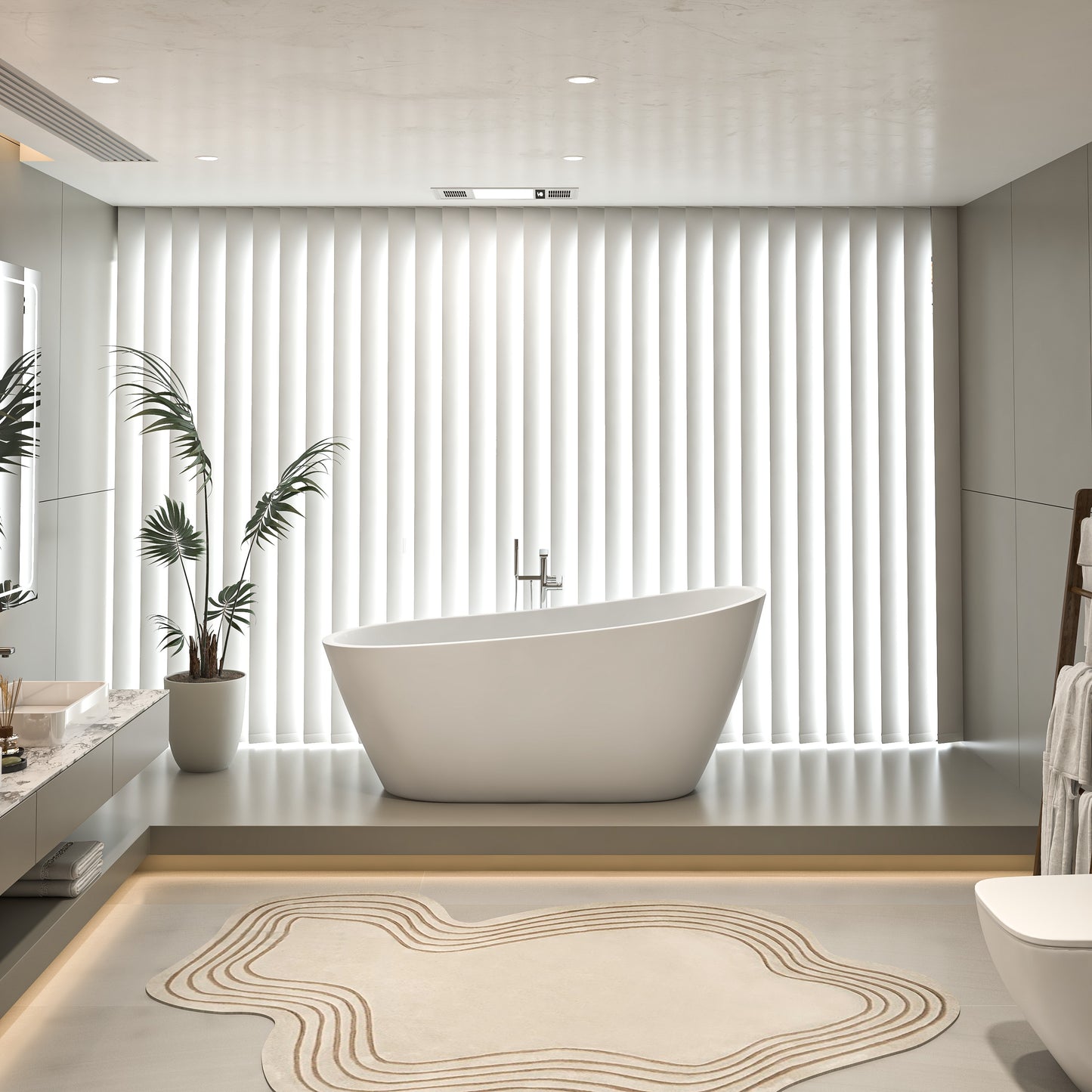 Spacious modern bathroom with a freestanding tub, vertical blinds, and minimalist decor.