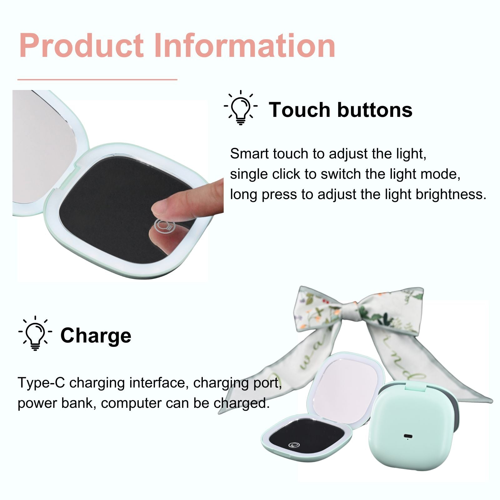 Mint green compact mirror with touch buttons for light adjustment and Type-C charging. Shows single-tap and long-press functions, as well as an attached floral ribbon.